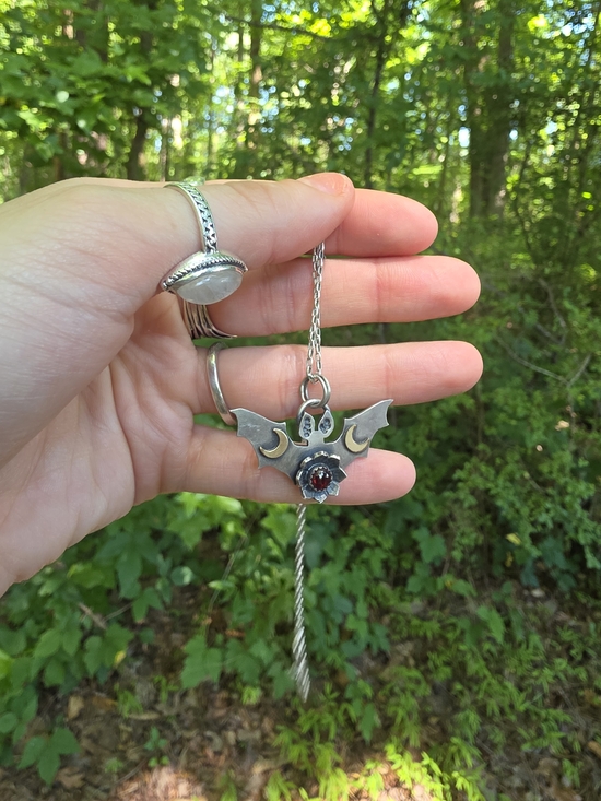 Jewelry - Silver Bat Pendant Necklace with Red Stone